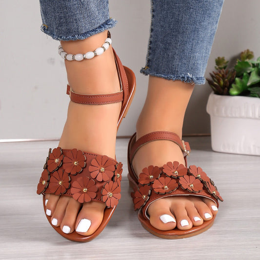 Retro Flowers Sandals Summer Casual Versatile Round Toe Buckle Flat Beach Roman Shoes