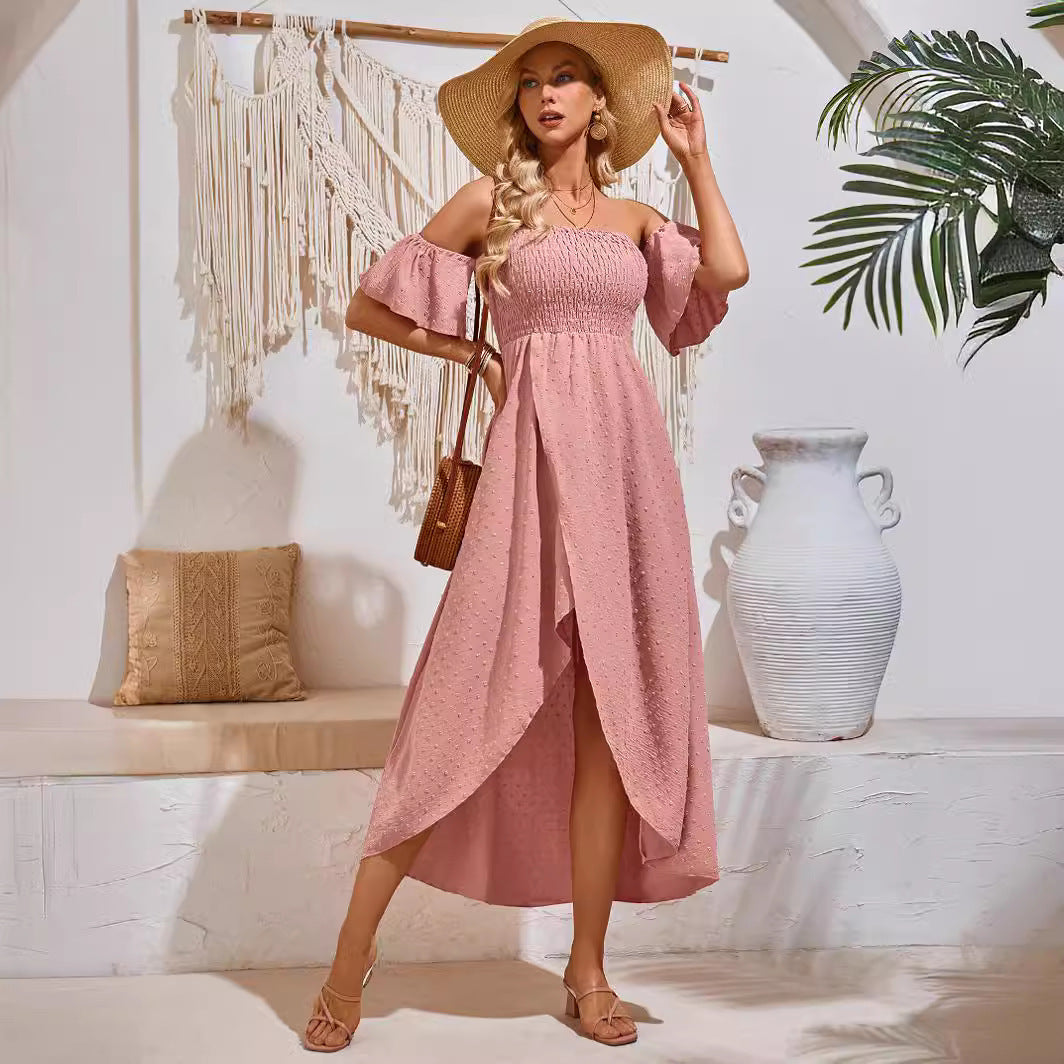 Off-Shoulder Slit Dress Sommermode Plissee Rüschen lange Kleider