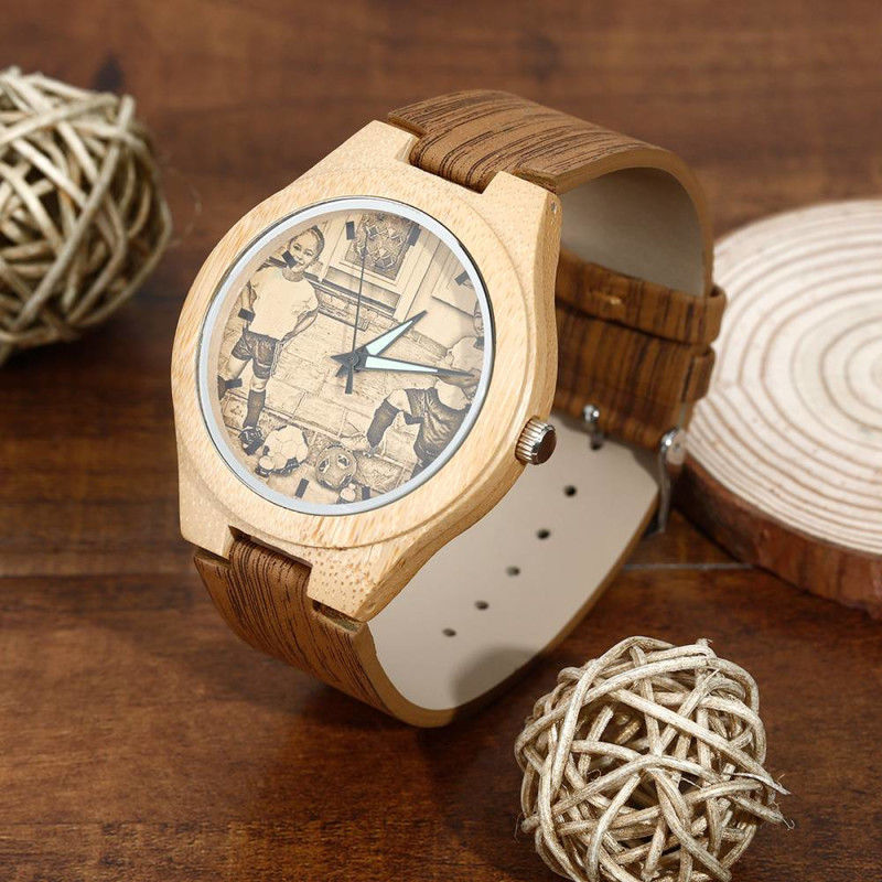 Orologio da donna con foto in bambù inciso, cinturino in pelle di legno da 40 mm