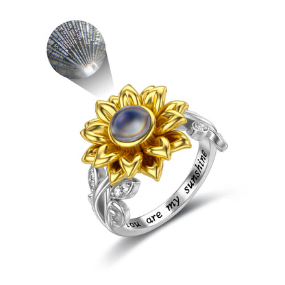 Anello girasole in argento sterling con ti amo in 100 lingue. Tu sei il mio sole