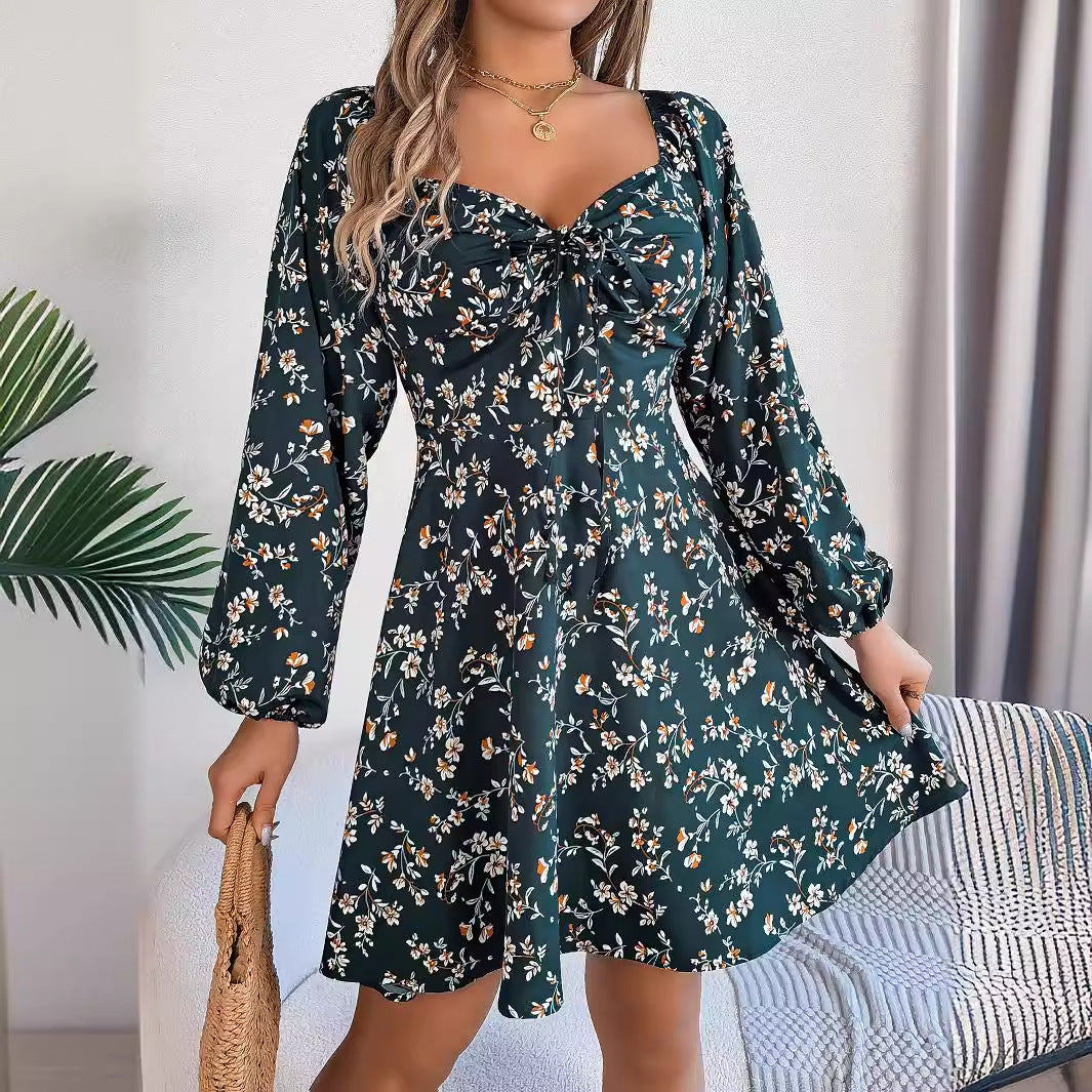 Fashion Floral Print Lantern Sleeve Dress