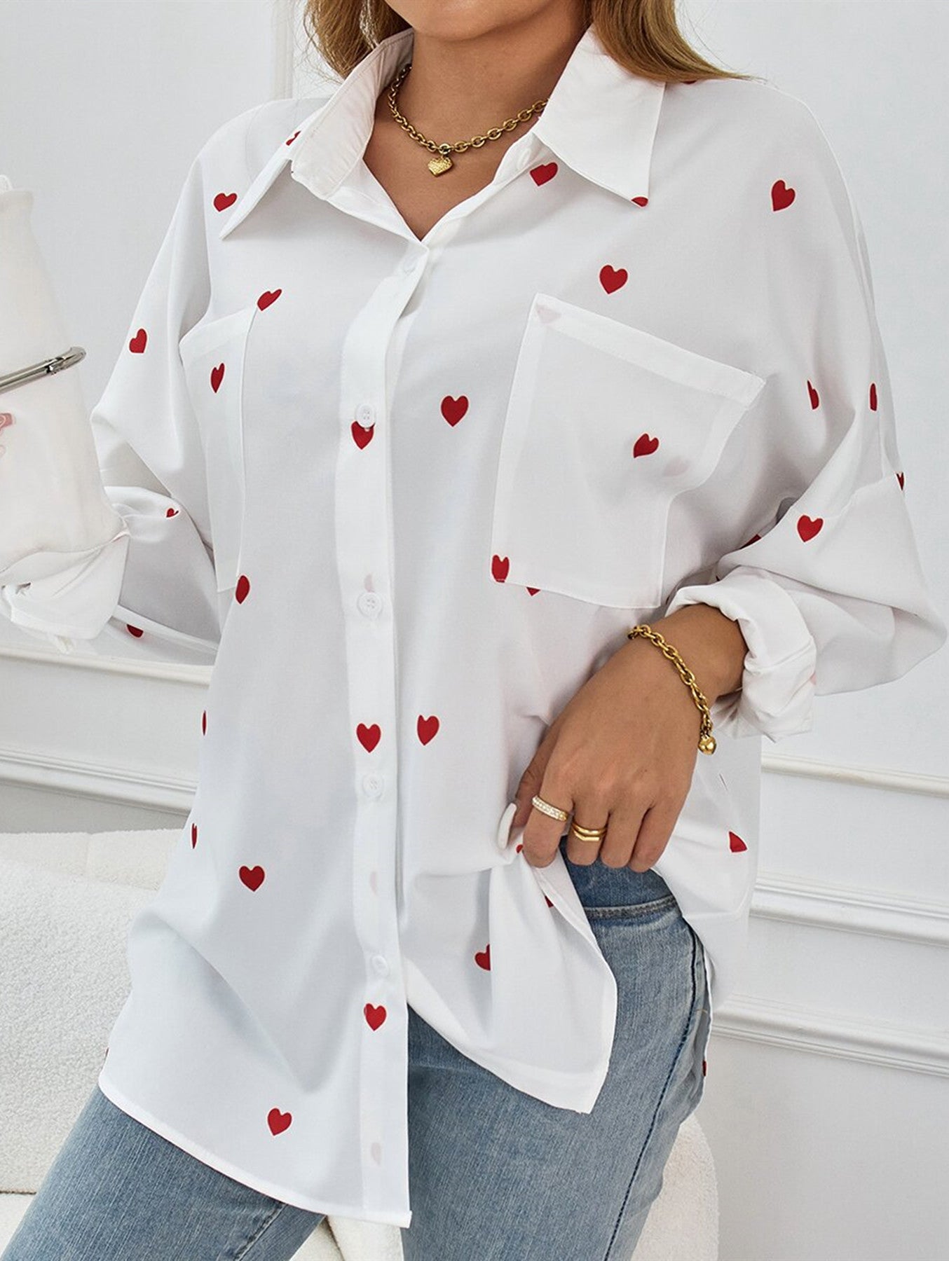 Camicia allentata Love stampata casual da donna esterna