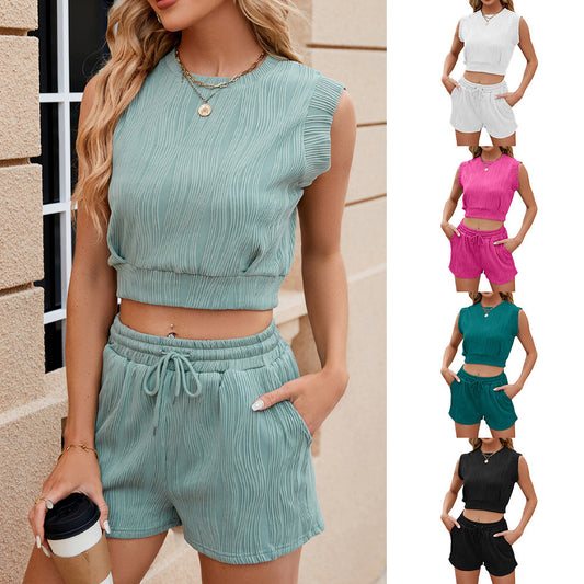 Solid Color Wave Pattern Design 2pc Suit Round Neck Sleeveless Top And Drawstring Design Shorts