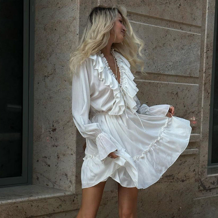 Fashion V Neck Pleated Ruffle Long Sleeve Dress Y2K