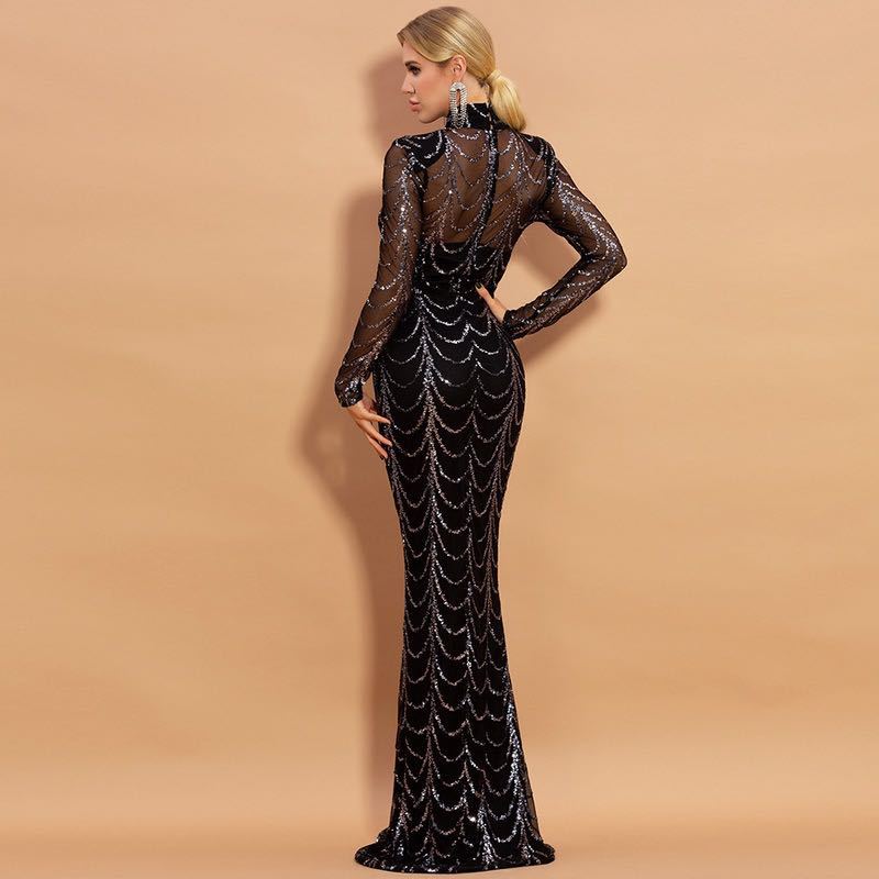 Sequins Maxi Dress Long Sleeve Female Party Dresses