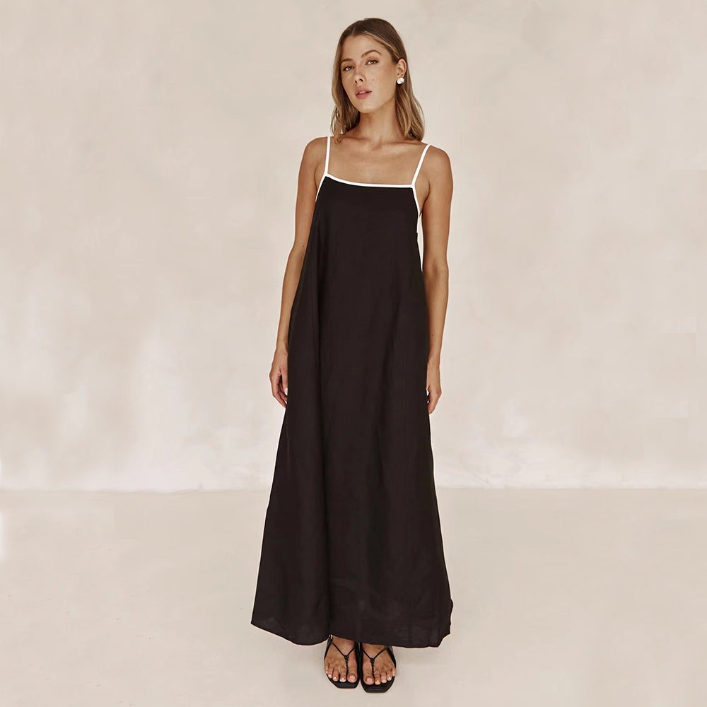 Loose Black Suspender  Contrast-color Cotton And Linen Sling Swing Long Dress