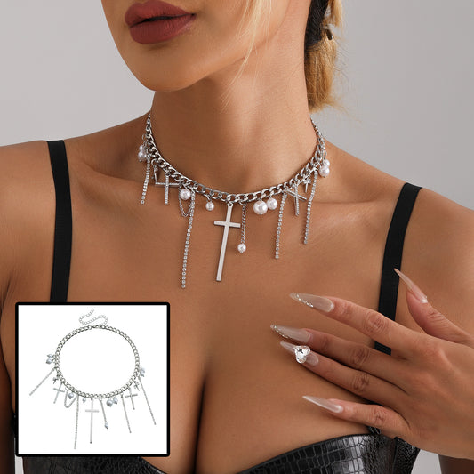 Collana con catena a clavicola con perle e nappa a croce, gioielli alla moda per ragazze piccanti