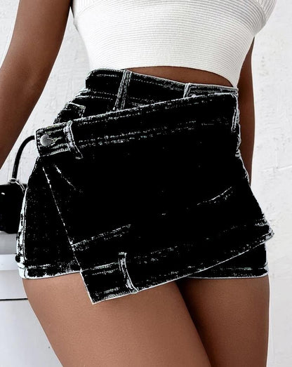 Y2K Street Vintage Denim Shorts Saum A-Linie Skinny Mini Skorts Rock