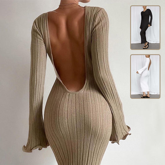 Fashion Slim Long-sleeved Ruffled Long Dress Sexy