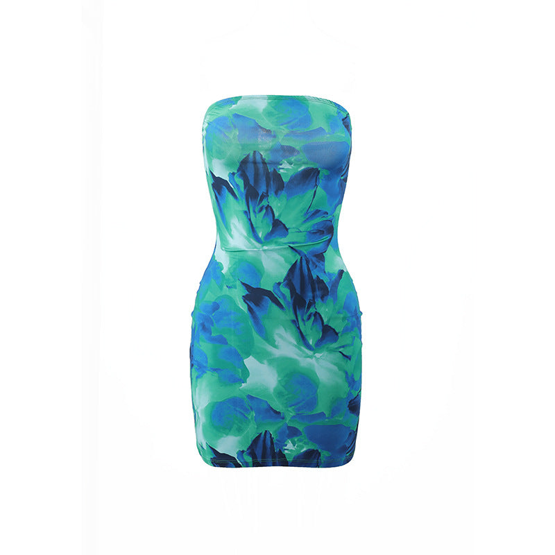 Women's Tube Top Flower Print Slim Sheath Short Dress