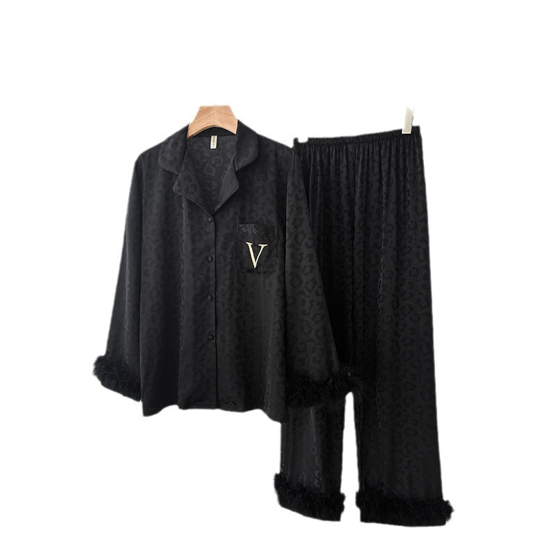 Long Sleeve Feather Ice Silk Pajamas Suit