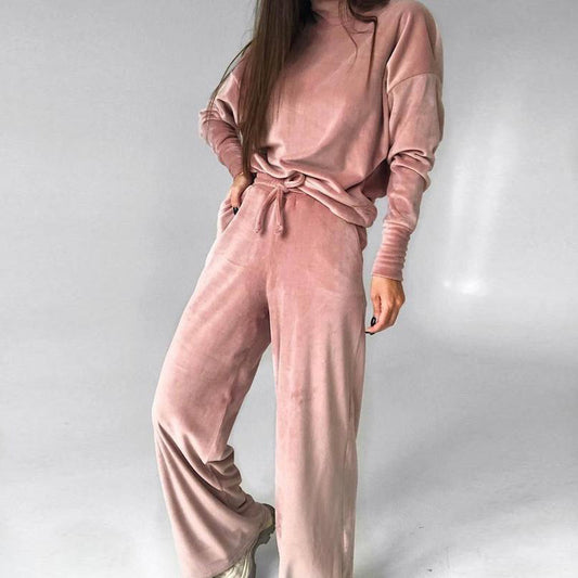 Silver Fox Velvet Turtleneck Long Sleeve Top Drawstring Trousers Suit