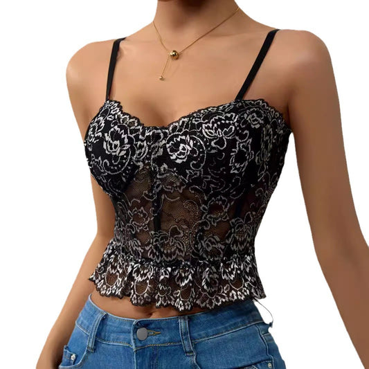 Farblich passendes Damen-Camisole mit Spitzenfaltensaum und Fischgrätenmuster