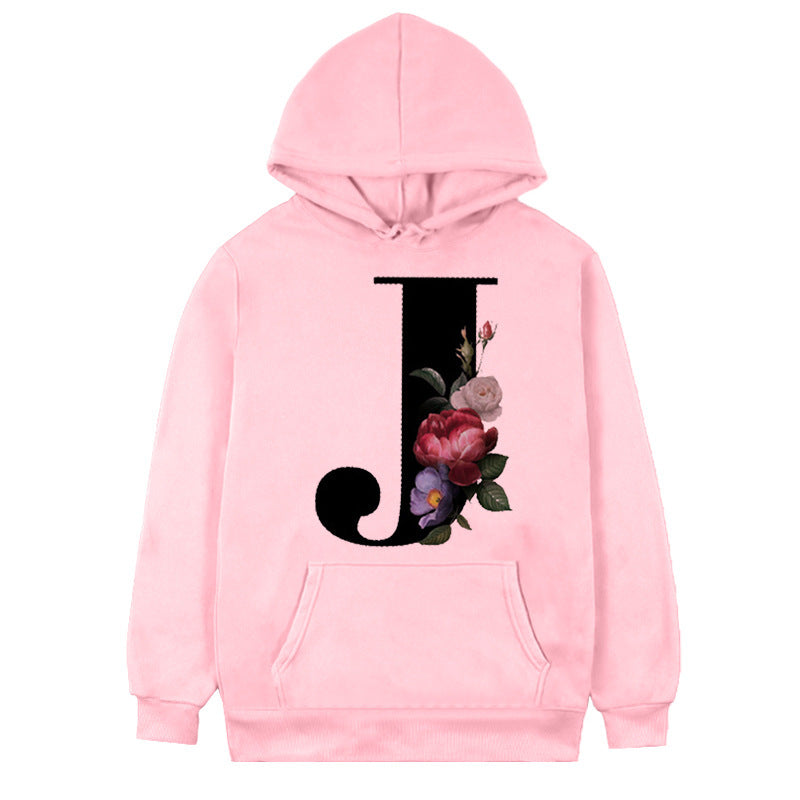 Damen-Fleece-Hoodie mit 26 Buchstaben und Blumen-Aufdruck