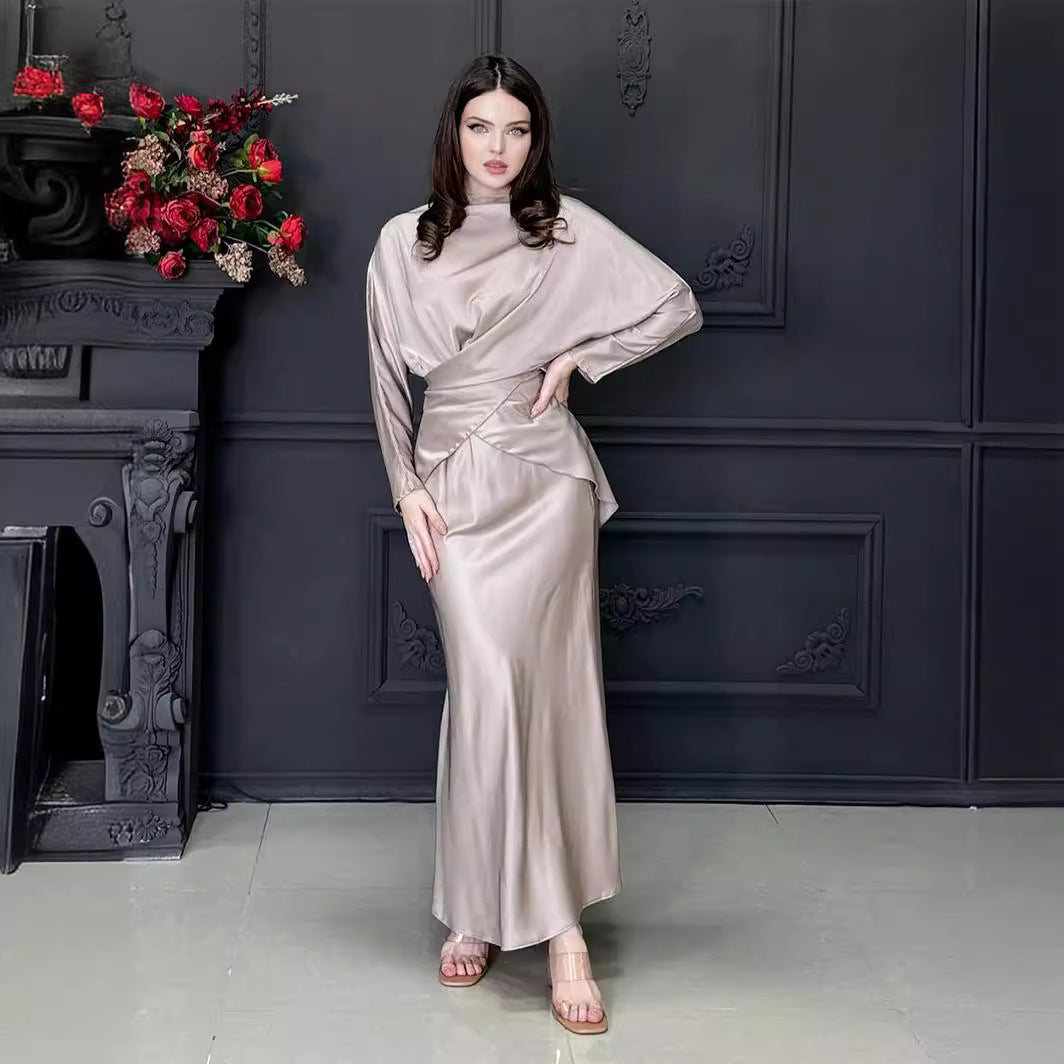 Satin Temperament Bandage Long Sleeve Pullover High Waist One-step Skirt Suit