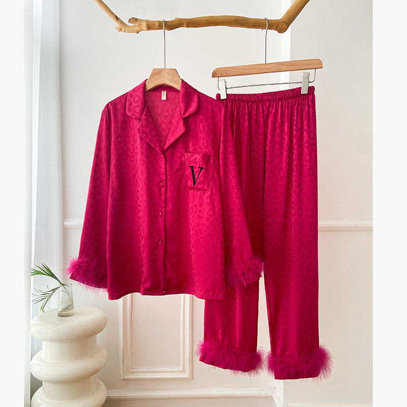 Long Sleeve Feather Ice Silk Pajamas Suit