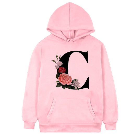 Damen-Fleece-Hoodie mit 26 Buchstaben und Blumen-Aufdruck