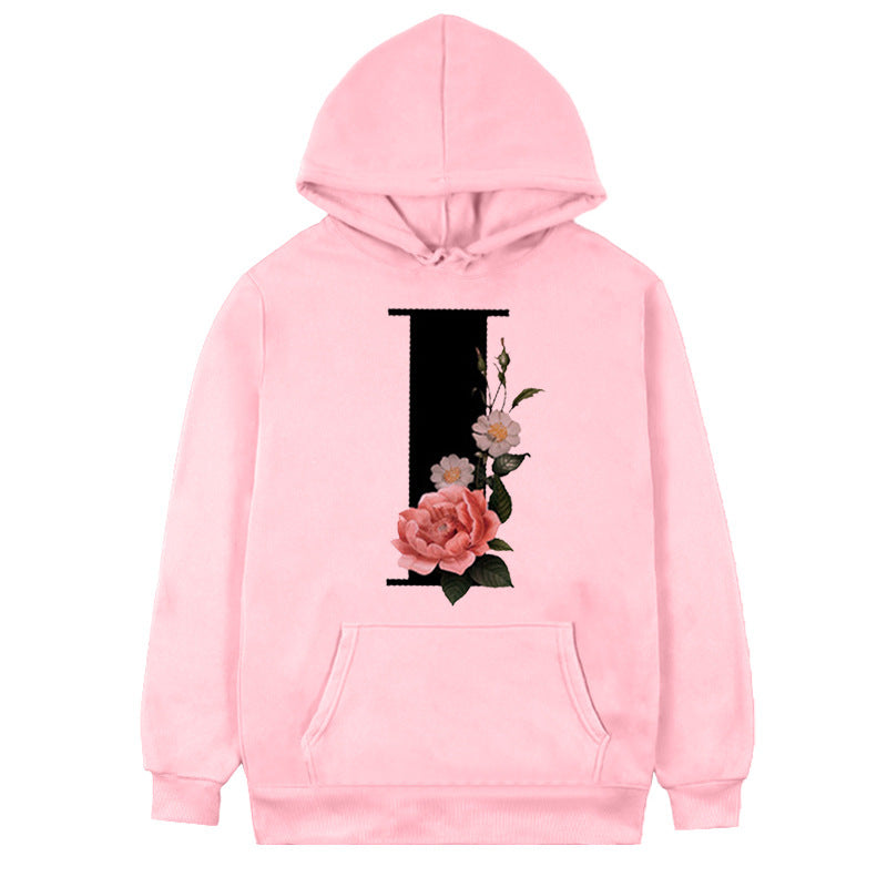 Damen-Fleece-Hoodie mit 26 Buchstaben und Blumen-Aufdruck