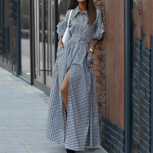 Plaid Casual Polo Collar Split Long Dress