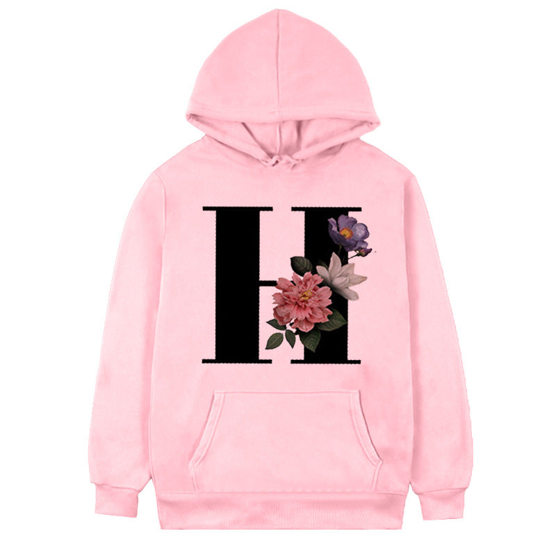 Damen-Fleece-Hoodie mit 26 Buchstaben und Blumen-Aufdruck