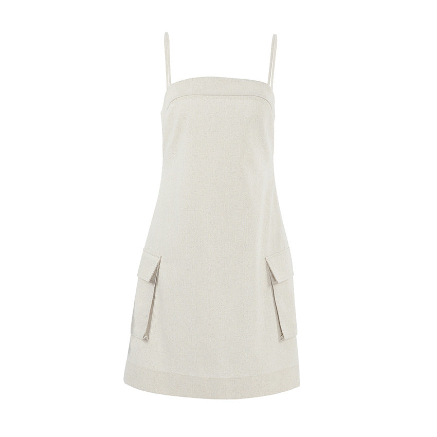 Linen Suspender Skirt Fashion Khaki