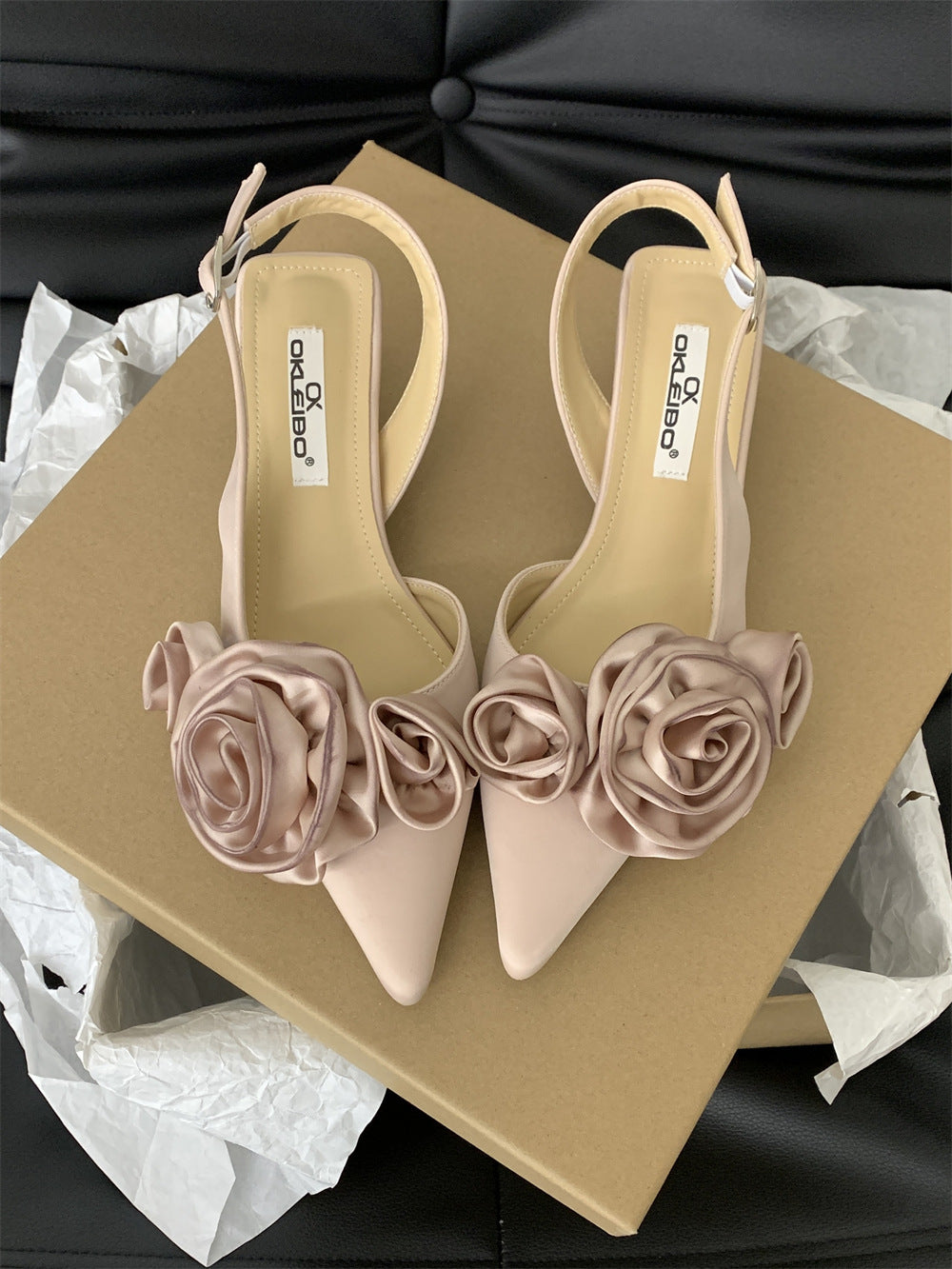 Spring And Summer Pointed French Flower Black Closed Toe Sandals Fairy Shoes