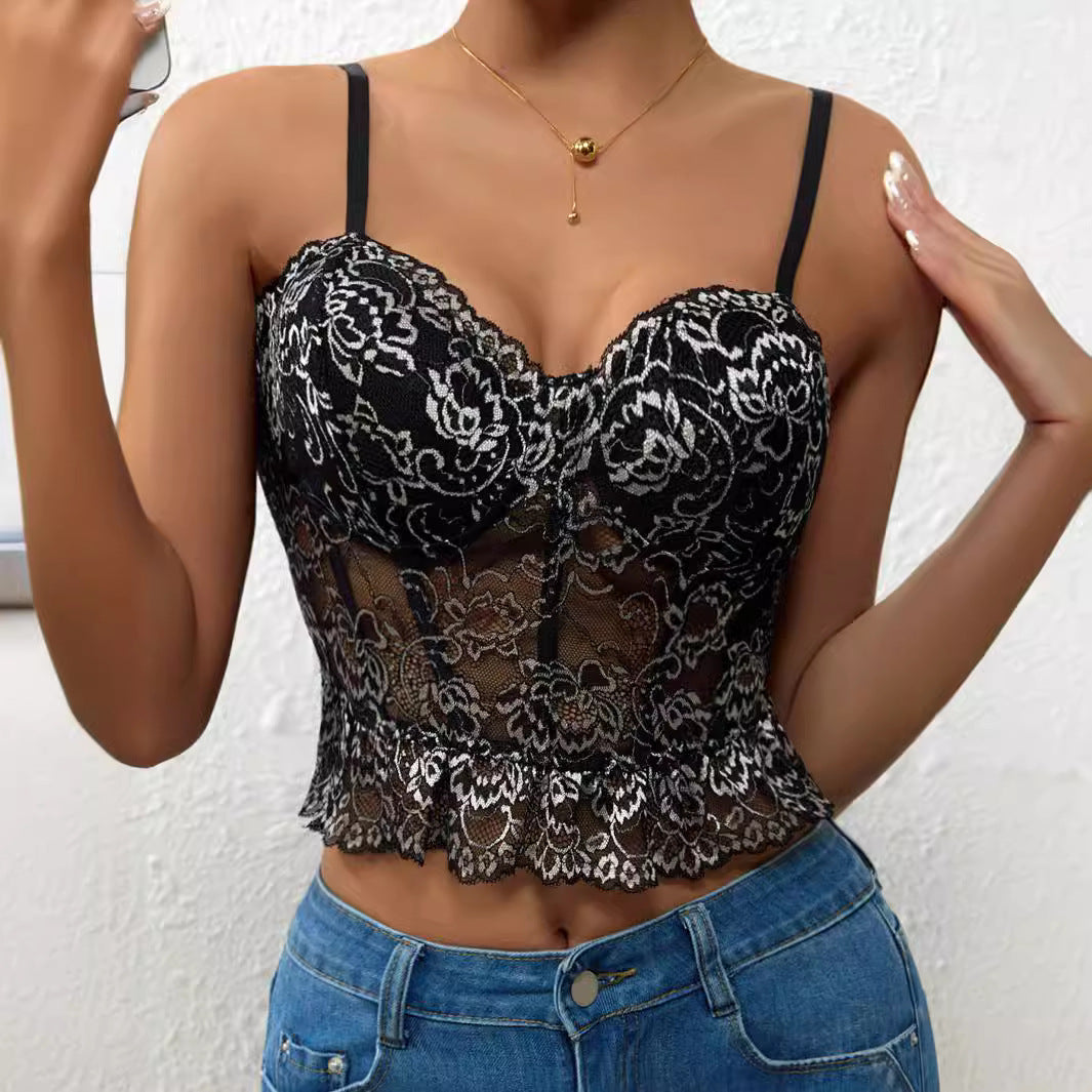 Color Matching Lace Pleated Hem Fishbone Women's Camisole