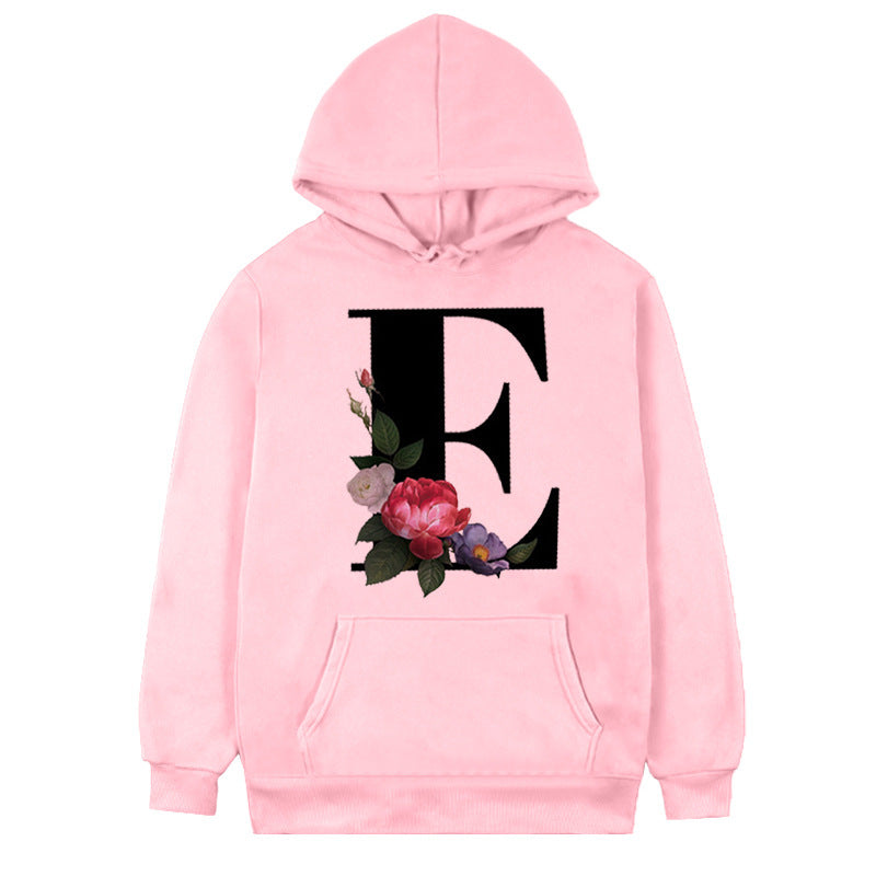 Damen-Fleece-Hoodie mit 26 Buchstaben und Blumen-Aufdruck