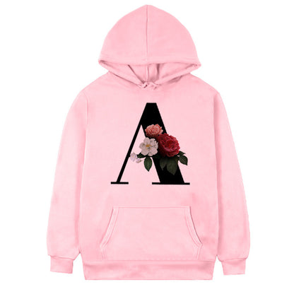 Damen-Fleece-Hoodie mit 26 Buchstaben und Blumen-Aufdruck