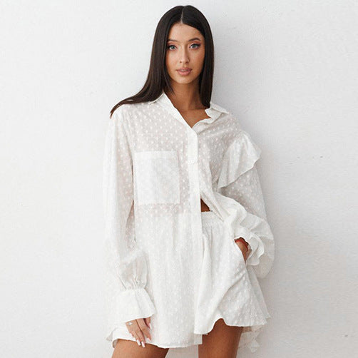 Convex Jacquard Cotton Bell Sleeve Hot Pants Suit