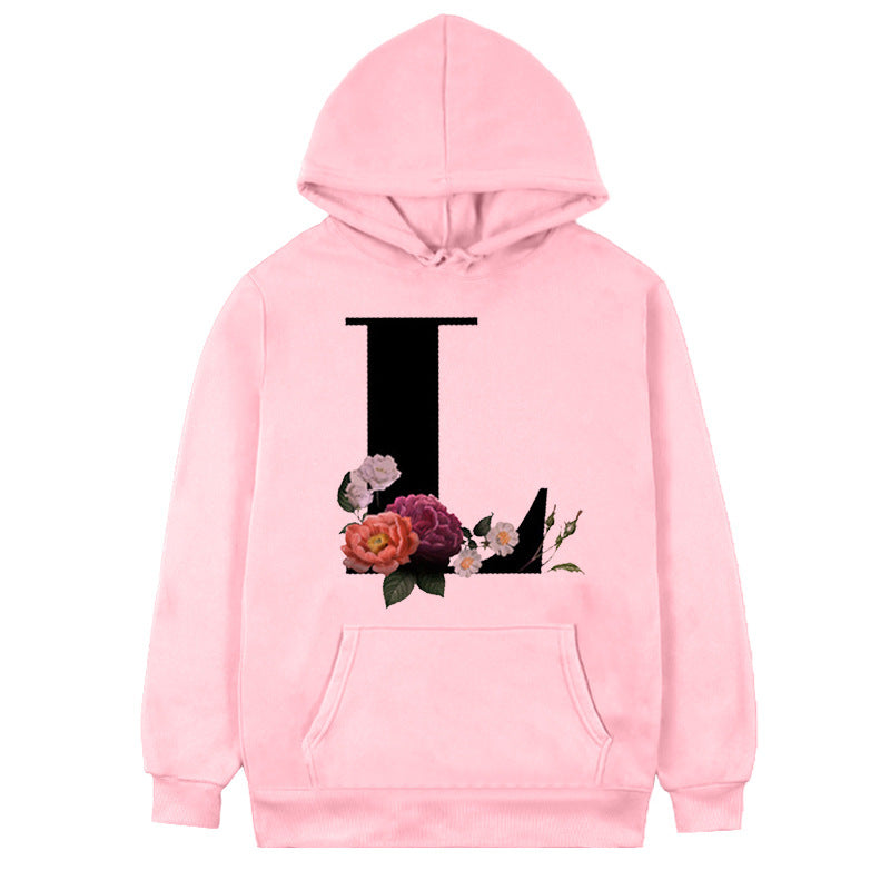 Damen-Fleece-Hoodie mit 26 Buchstaben und Blumen-Aufdruck