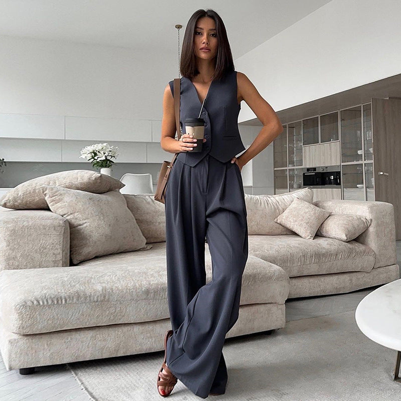 V-neck Sleeveless Waistcoat Vest Drooping Wide-leg Pants Suit