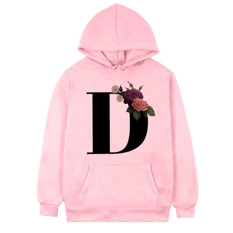 Damen-Fleece-Hoodie mit 26 Buchstaben und Blumen-Aufdruck