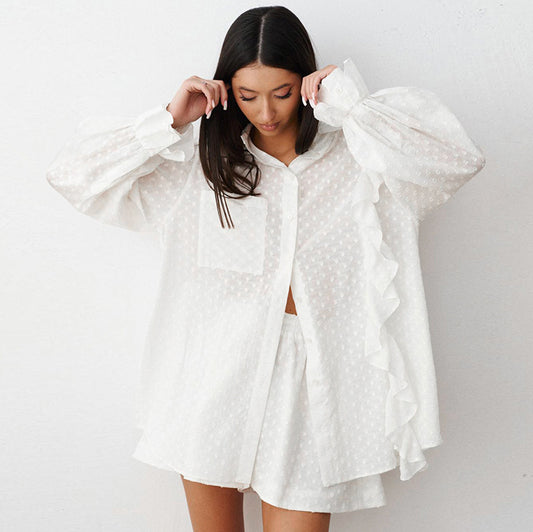 Convex Jacquard Cotton Bell Sleeve Hot Pants Suit