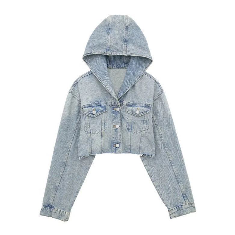 Hot Girls Washed Frayed Hem Hooded Denim Jacket Coat