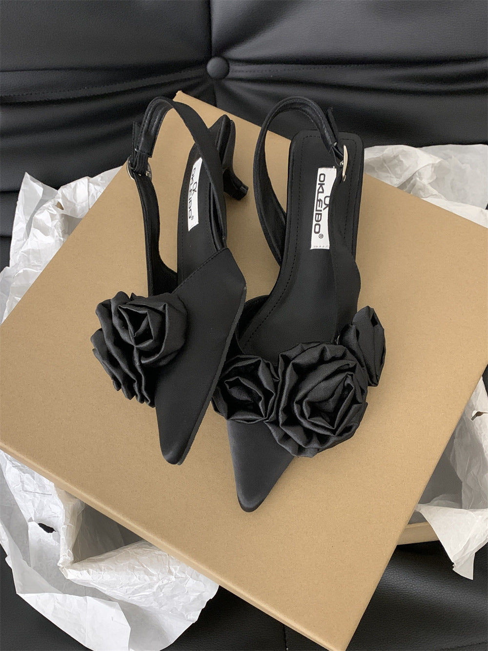 Spring And Summer Pointed French Flower Black Closed Toe Sandals Fairy Shoes