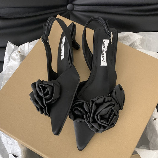 Frühling und Sommer spitze französische Blumen-Sandalen in Schwarz mit geschlossener Spitze, Feenschuhe