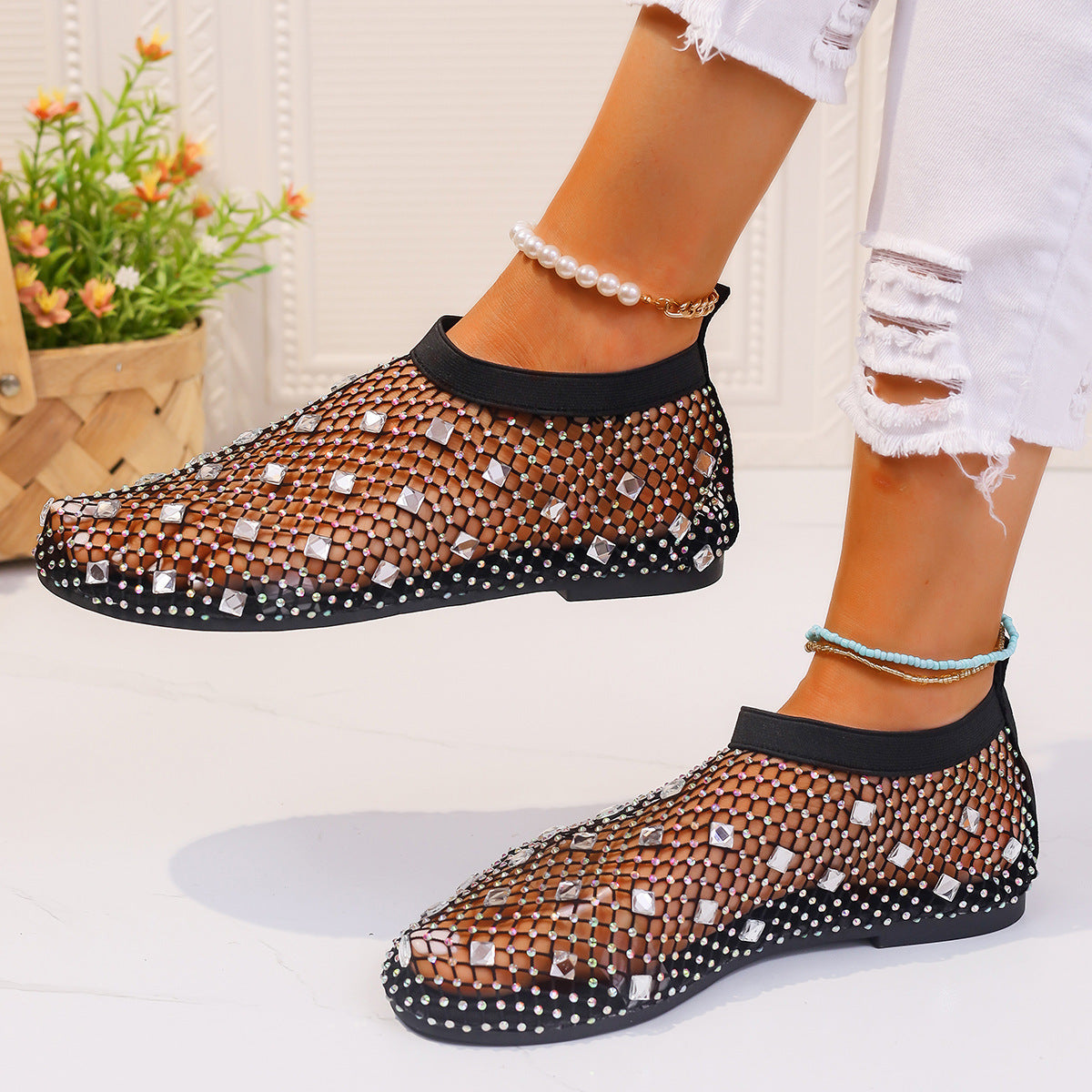 Fashion Mesh Flat Sandals With Colorful Rhinestone Design