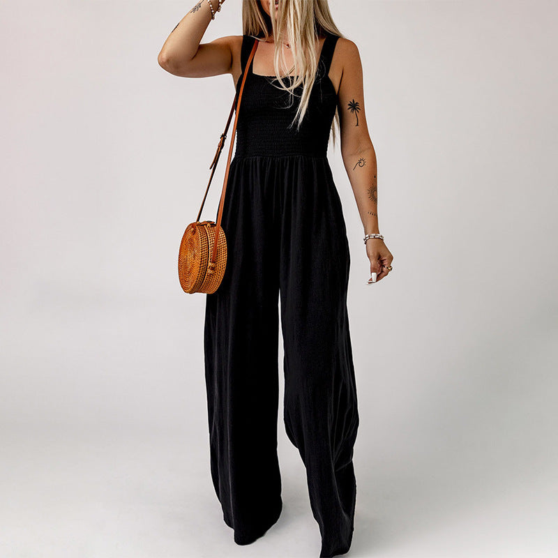 Summer Square Neck High Waist Jumpsuit Women's Backless Pleated