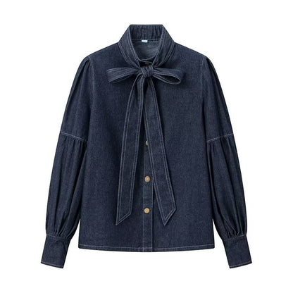 Washed Dark Blue Casual All-match Lace-up Bow Denim Shirt