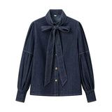 Washed Dark Blue Casual All-match Lace-up Bow Denim Shirt