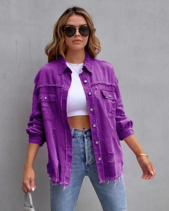 Fashion Ripped Shirt Jacket Female Autumn And Spring Casual Tops