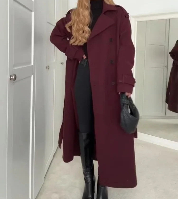 Mode Revers Wollmantel mit Gürtel Winter Zweireiher Trenchcoat Lange Jacke für Damen Kleidung