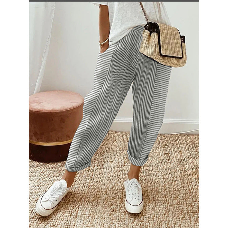 #Pantaloni con stampa a righe Pantaloni larghi casual alla moda estiva