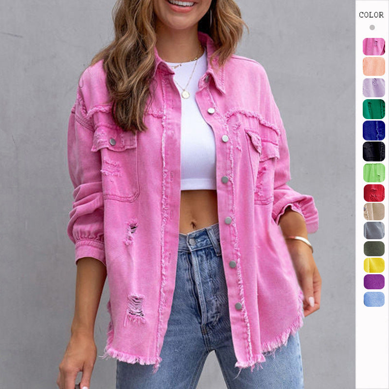 Fashion Ripped Shirt Jacket Female Autumn And Spring Casual Tops