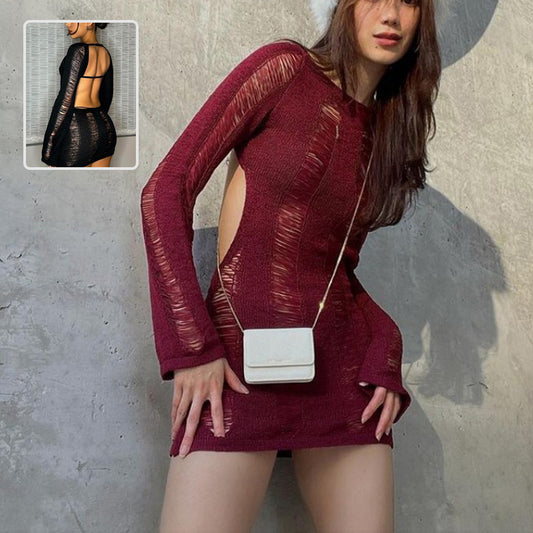 Fashion Slim Fit Hollow Long Sleeve Dress Y2K Sexy Backless Hip-hugging Short Dresses