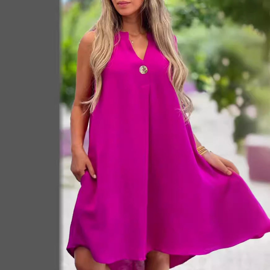 Summer V-neck Sleeveless Dress With Button Decoration Solid Color