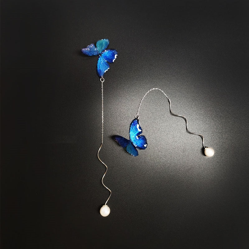 Blue Butterfly Ear Thread S925 Sterling Silver Long Pearl