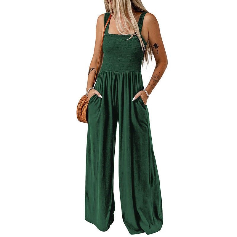 Summer Square Neck High Waist Jumpsuit Women's Backless Pleated