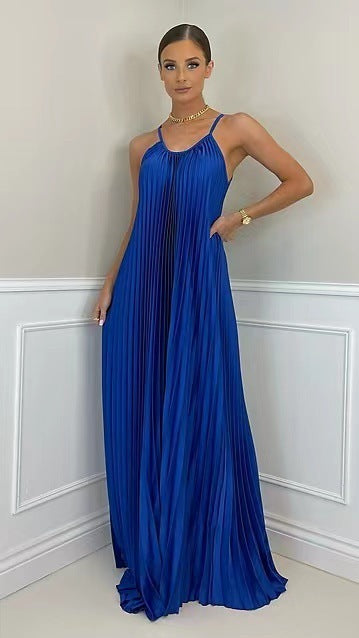 Banquet Simple Temperament Pleated Long Halter Dress